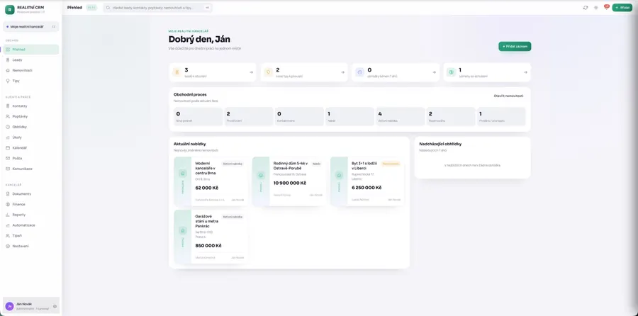 Hlavný dashboard realitného CRM s ponukami a obchodným procesom