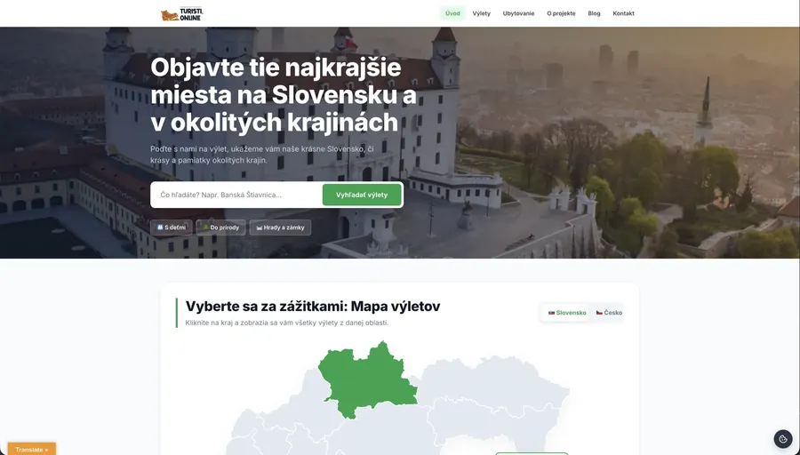 Úvodná stránka portálu Turisti.online s vyhľadávaním a mapou výletov
